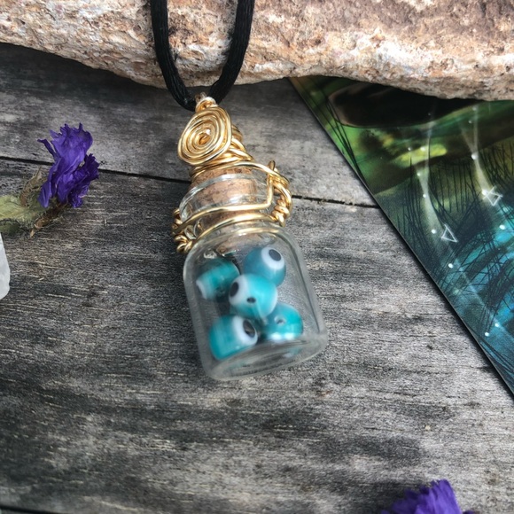 Evil Eye Protection Bottle Necklace Wire Wrapped - Gold Wire - Picture 5 of 12